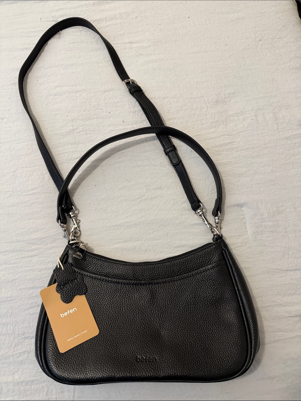 Befen Black Pebbled Leather Shoulder Bag with Dual Straps